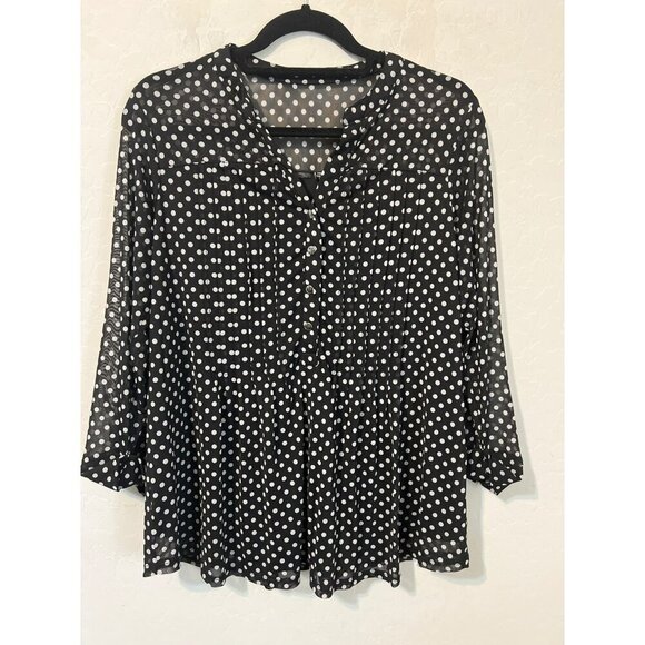 Women Black White Sheer Polka Dot Lined Blouse Mandarin Collar Sz 1X - Picture 2 of 6